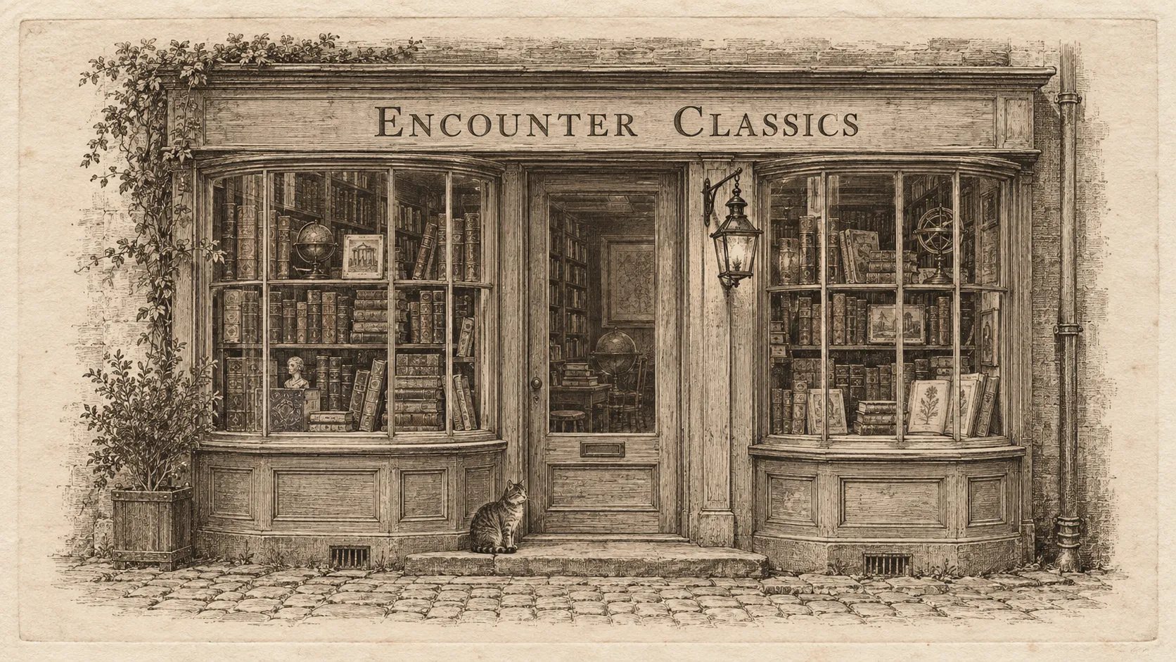 An engraving of the Encounter Classics shopfront: bay windows of old books, a lantern by the door, a cat on the step