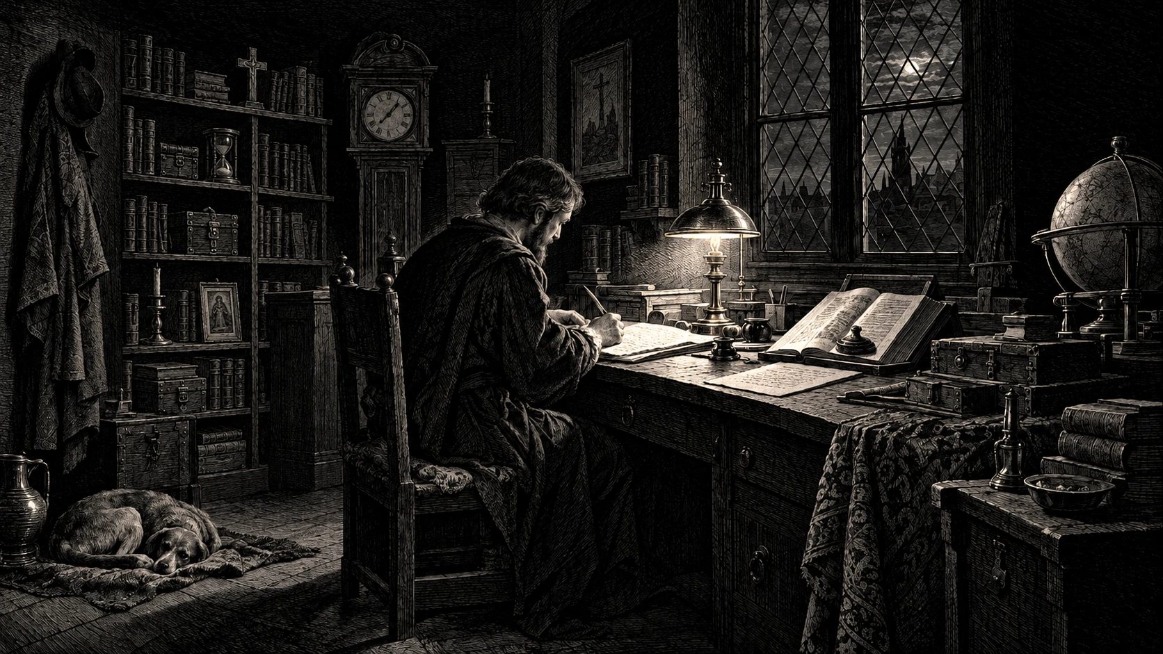 An engraving of a translator at work at night: a lamp, an open manuscript, a book held open beside it, a dog asleep by the shelves, a cross and an hourglass among the books